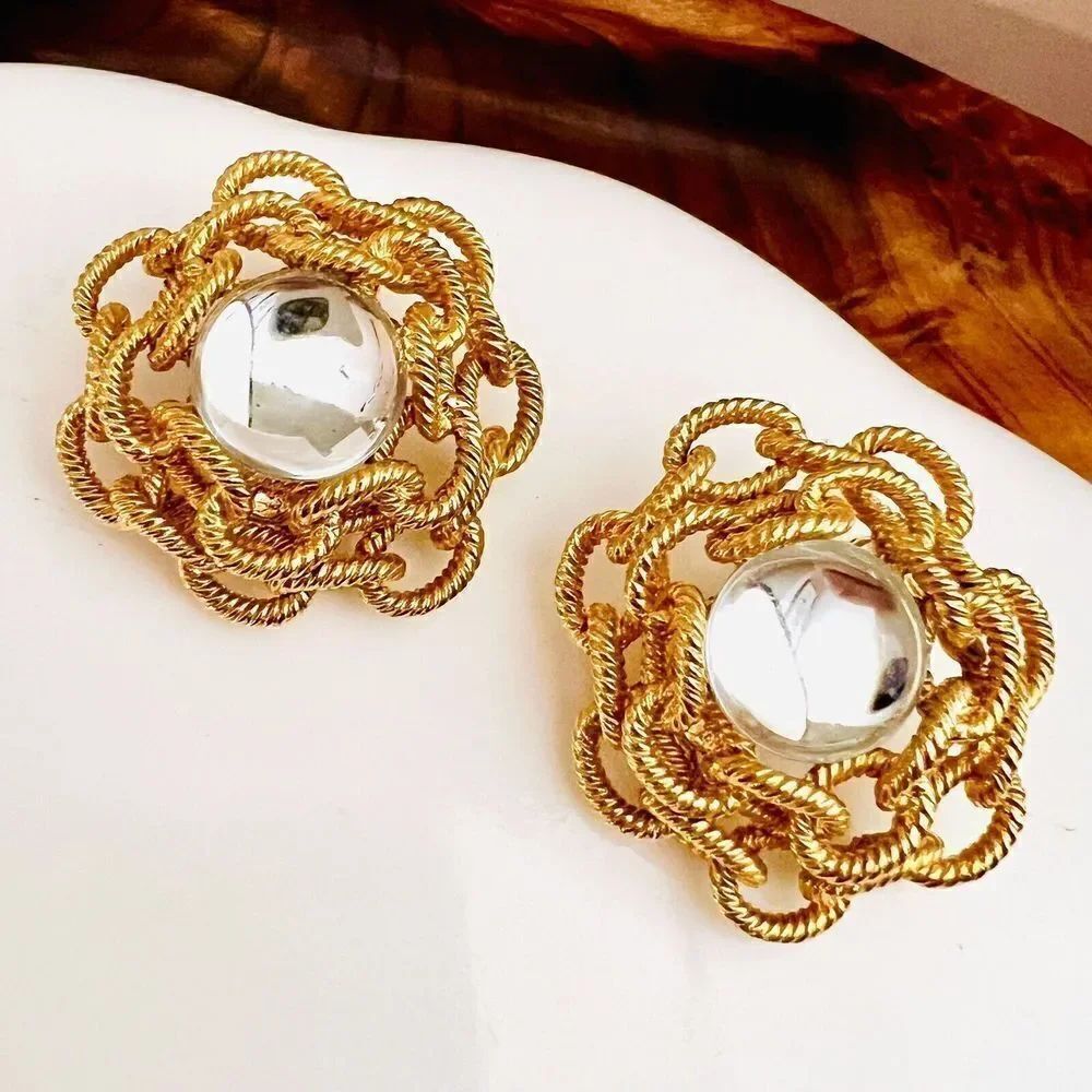 Vintage Large Clear Cabochon Earrings 3d Gold Textured Chain Rope Clip On 4608